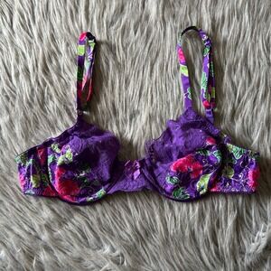 Vintage Victoria's Secret Unlined Bra Womens Size 36A Purple Floral‎ Lace Sheer